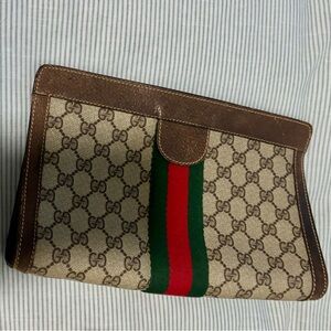 Gucci Brown and Beige Toiletry Bag with Red and Green Accent